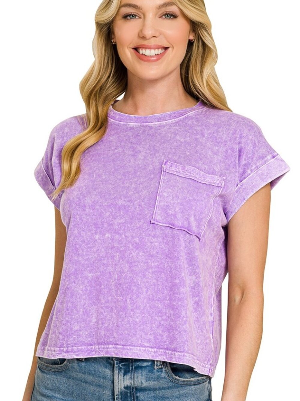 Zenana Halo Snow Washed Cotton Cuffed Short Sleeve Top